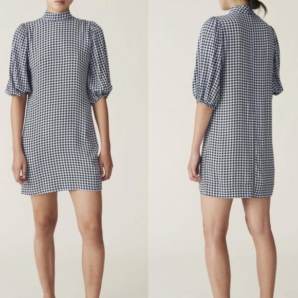 NWT GANNI gingham print high neck dress in Brunnera Blue - Picture 3 of 5